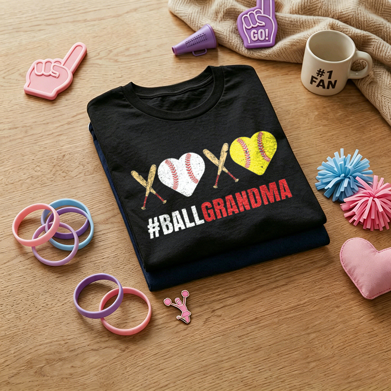 WOMEN'S Heart Shaped Balls Hugs and Kisses Softball Grandma 100% Cotton T-Shirt