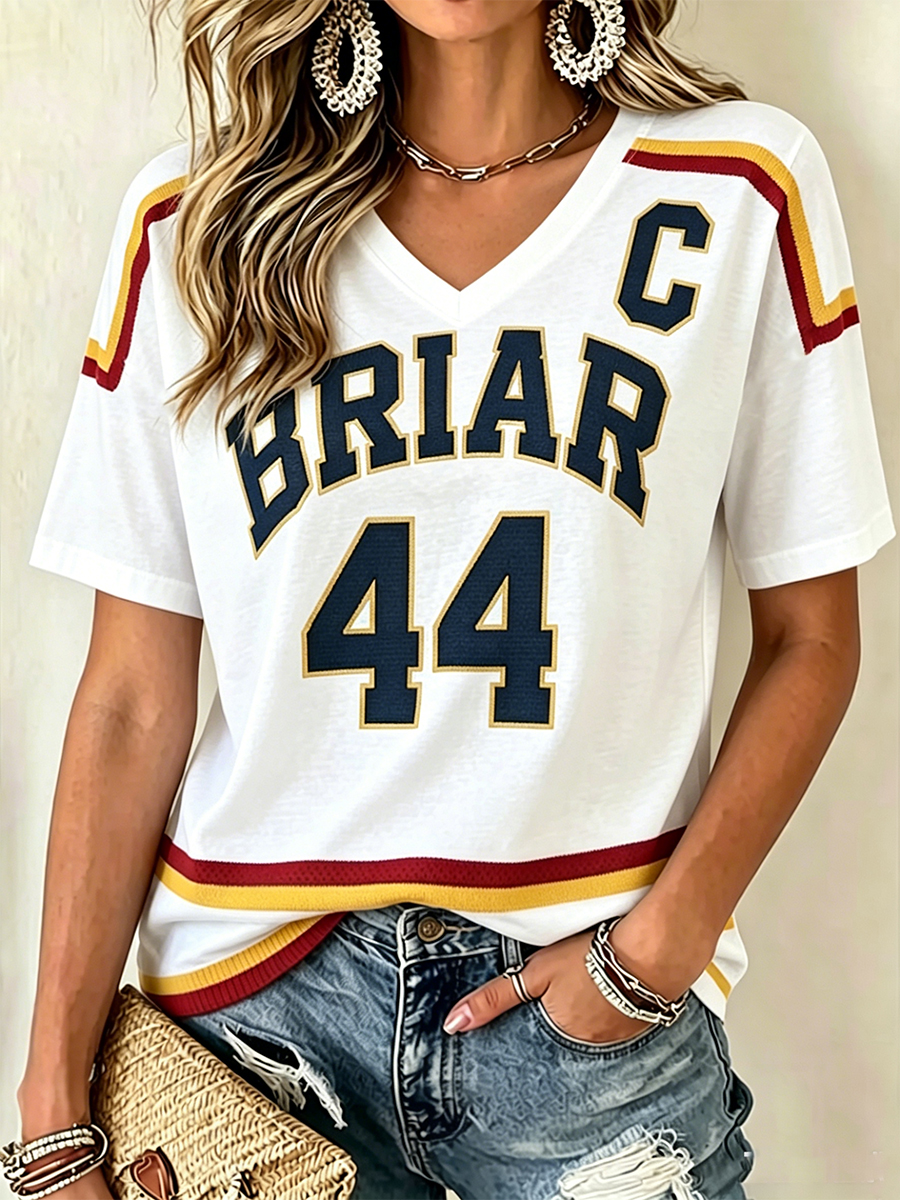 Women's Ice Hockey Number 44 Print V-Neck Short Sleeve T-Shirt