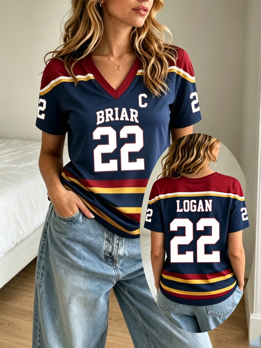 Women's Ice Hockey Team Jersey Number 22 Print V-Neck T-Shirt