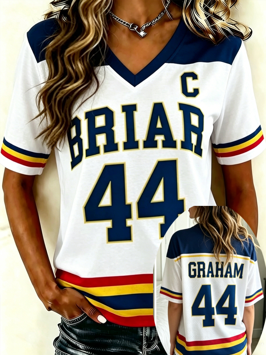 Women's Ice Hockey Themed Jersey Number 44 Colorblock Print V-Neck T-Shirt