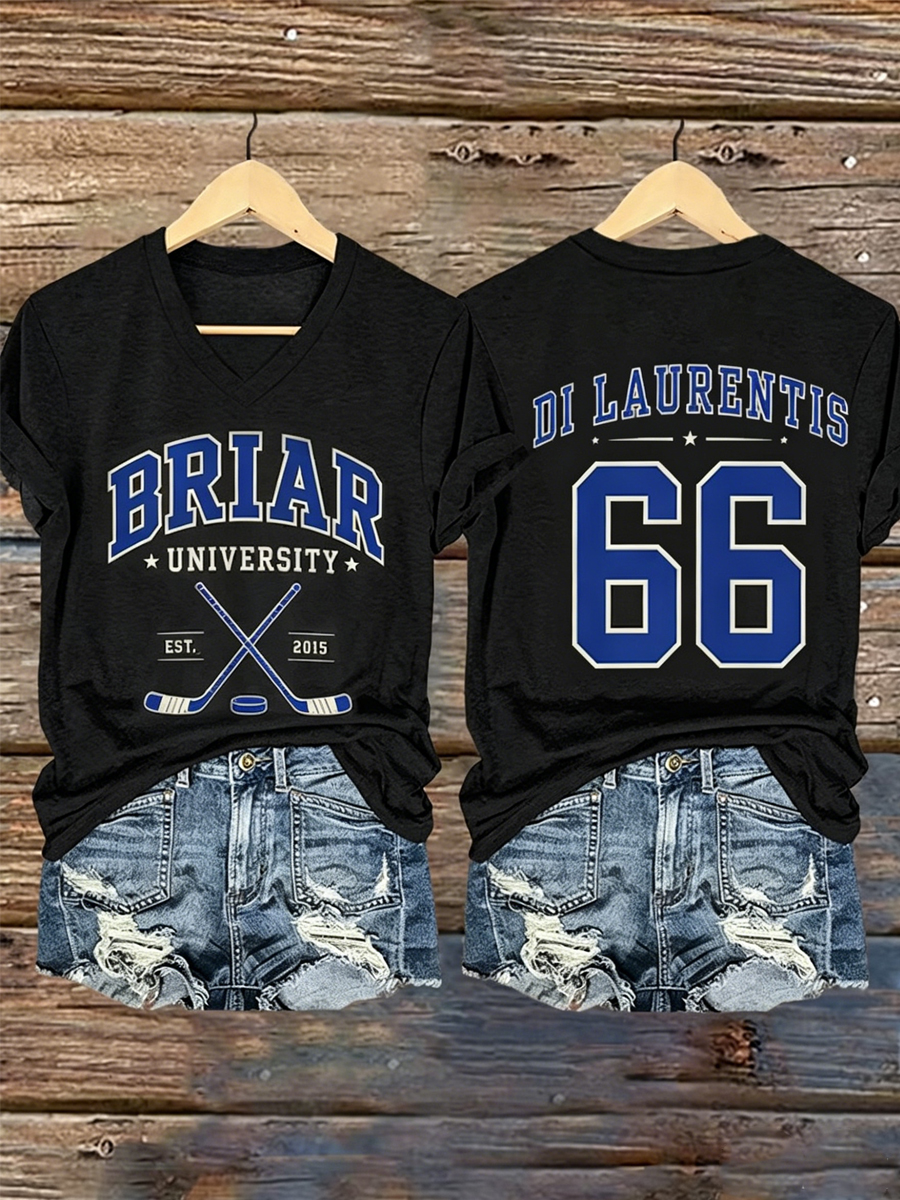 Women's Blue Varsity-Style 66 Jersey Numbers Print V-Neck T-Shirt