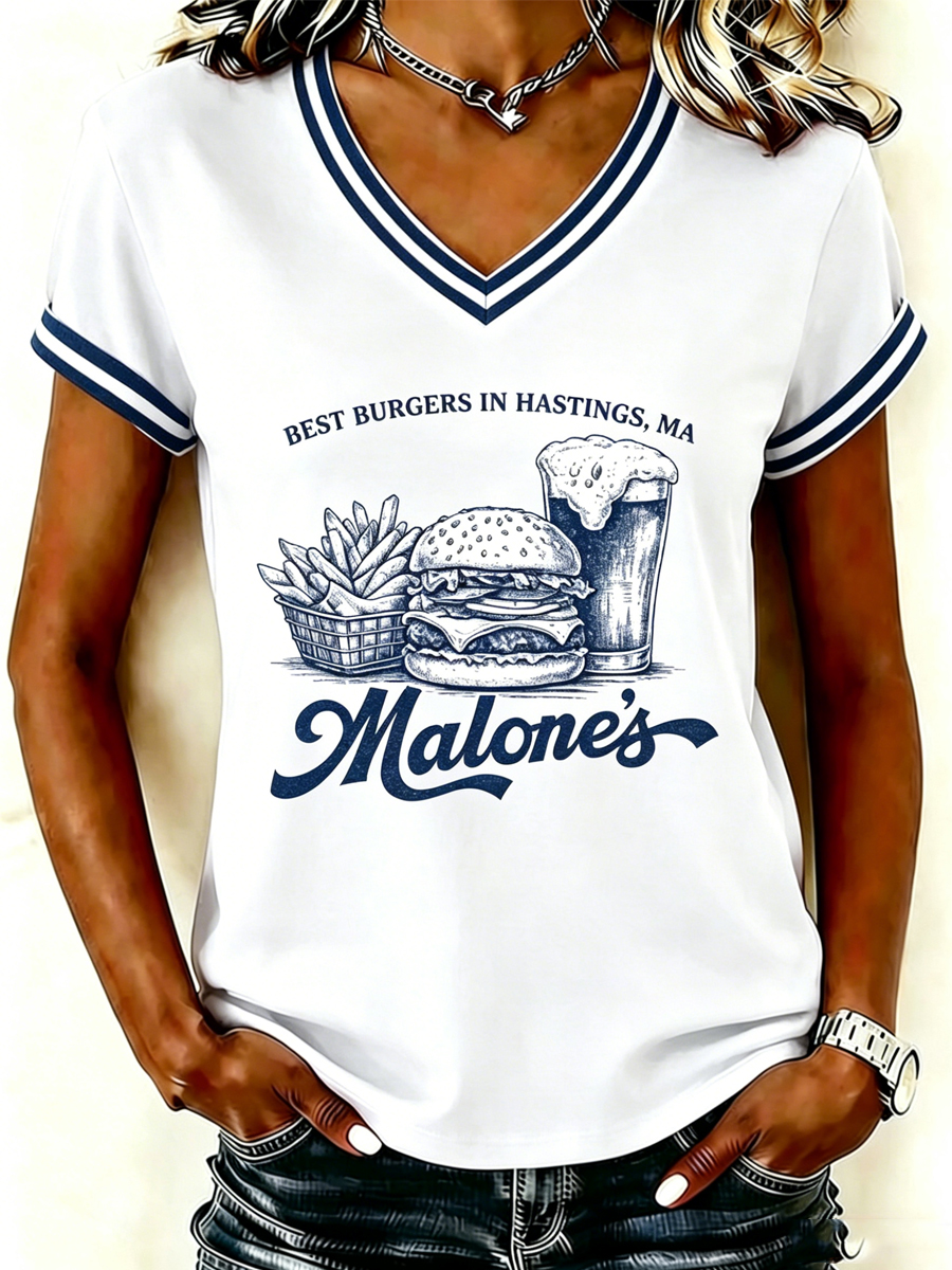 Women's Retro Burger Fries Beer Graphic V-Neck T-Shirt