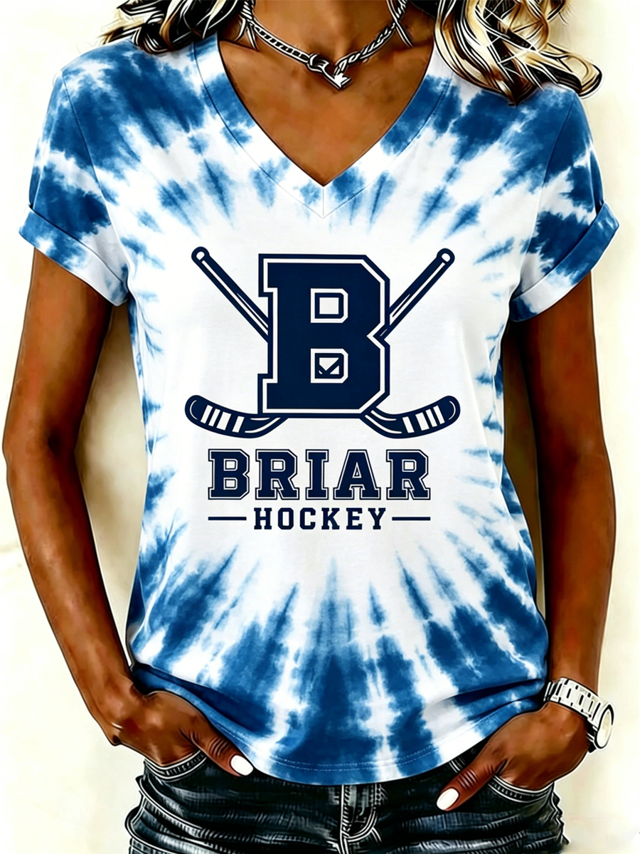 Women's Hockey Sticks Graphic Tie-Dye Print V-Neck T-Shirt