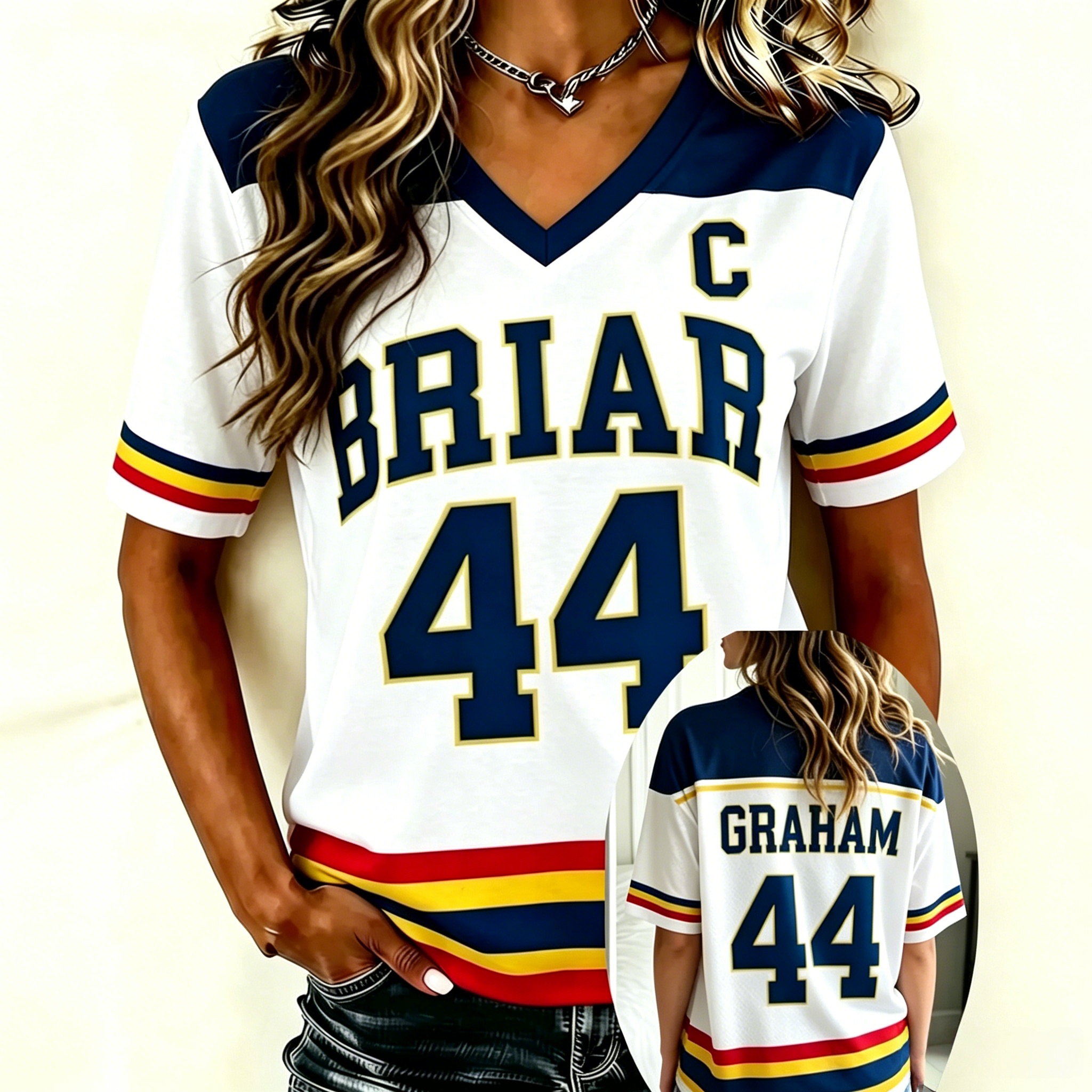 Women's Ice Hockey Themed Jersey Number 44 Colorblock Print V-Neck T-Shirt
