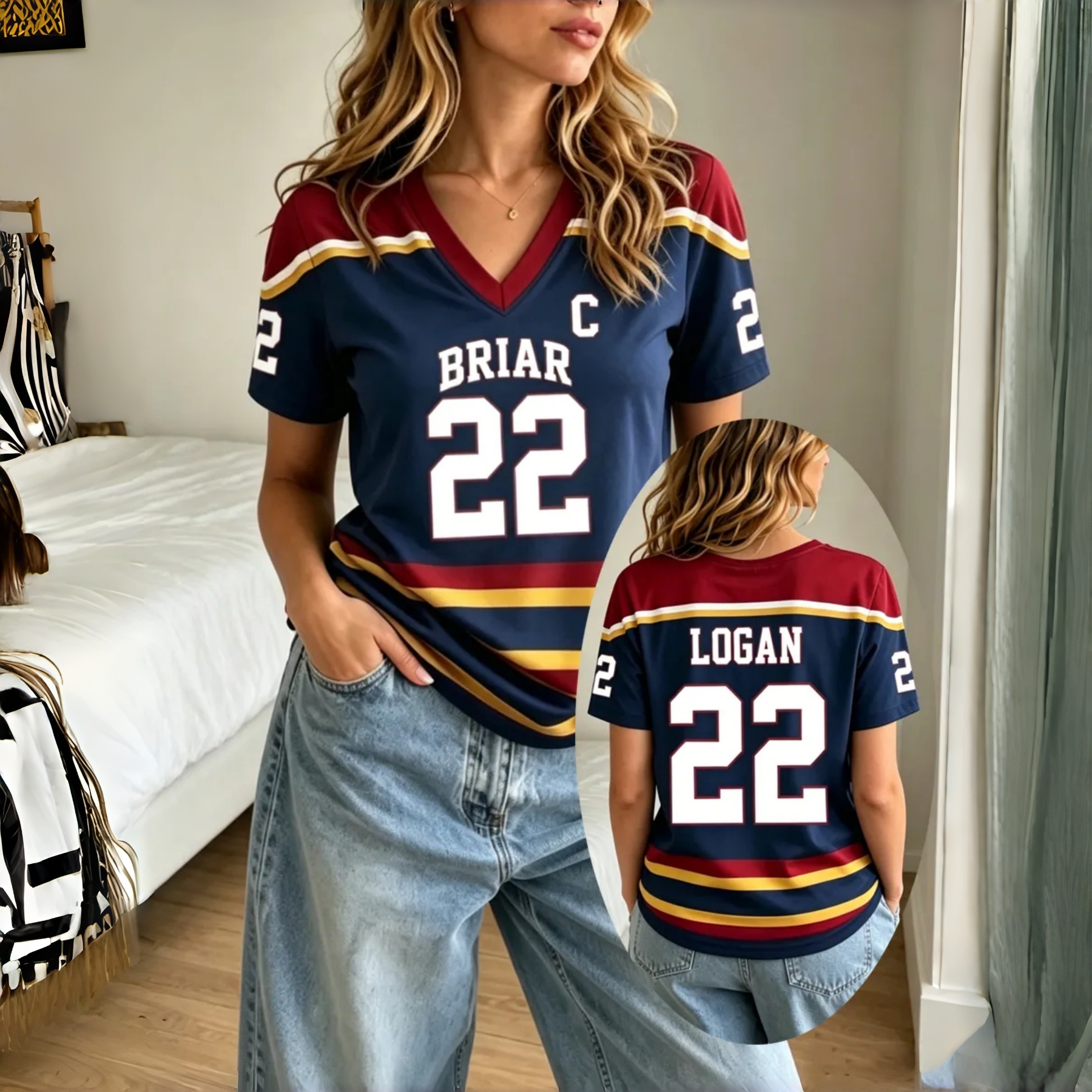 Women's Ice Hockey Team Jersey Number 22 Print V-Neck T-Shirt