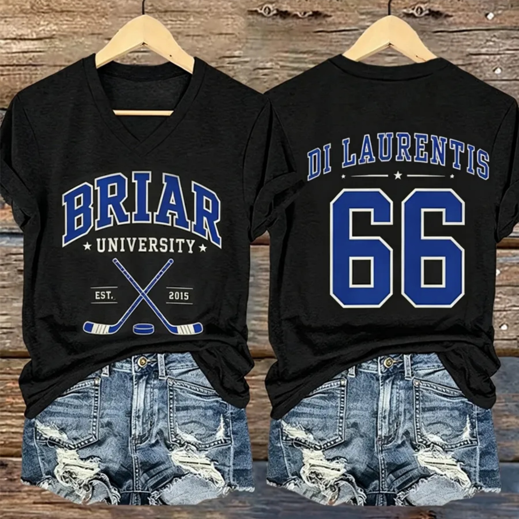 Women's Blue Varsity-Style 66 Jersey Numbers Print V-Neck T-Shirt