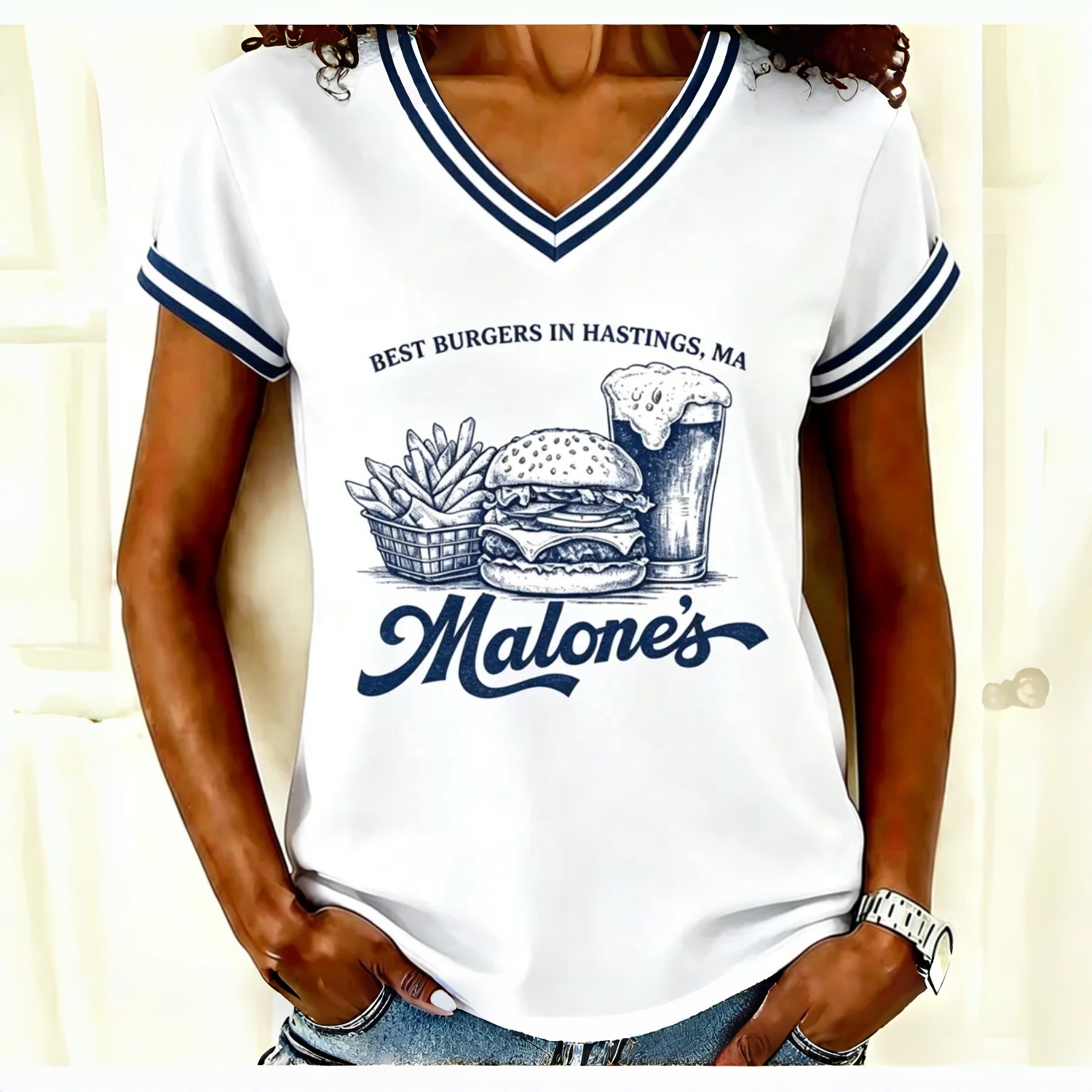 Women's Retro Burger Fries Beer Graphic V-Neck T-Shirt