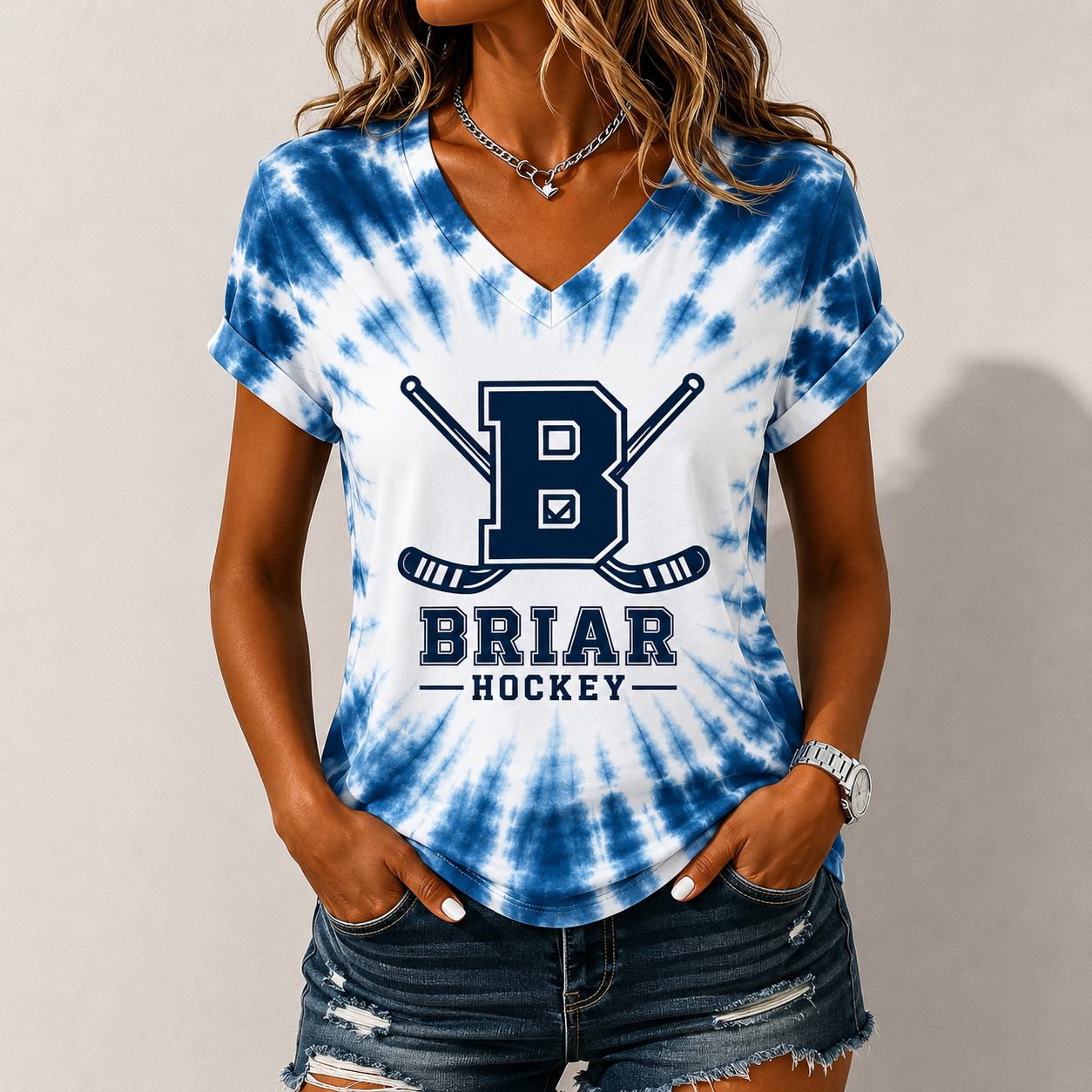 Women's Hockey Sticks Graphic Tie-Dye Print V-Neck T-Shirt