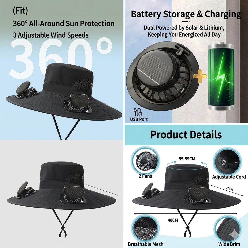 Sunscreen fan bucket hat, sunshade, outdoor double design, wide brim