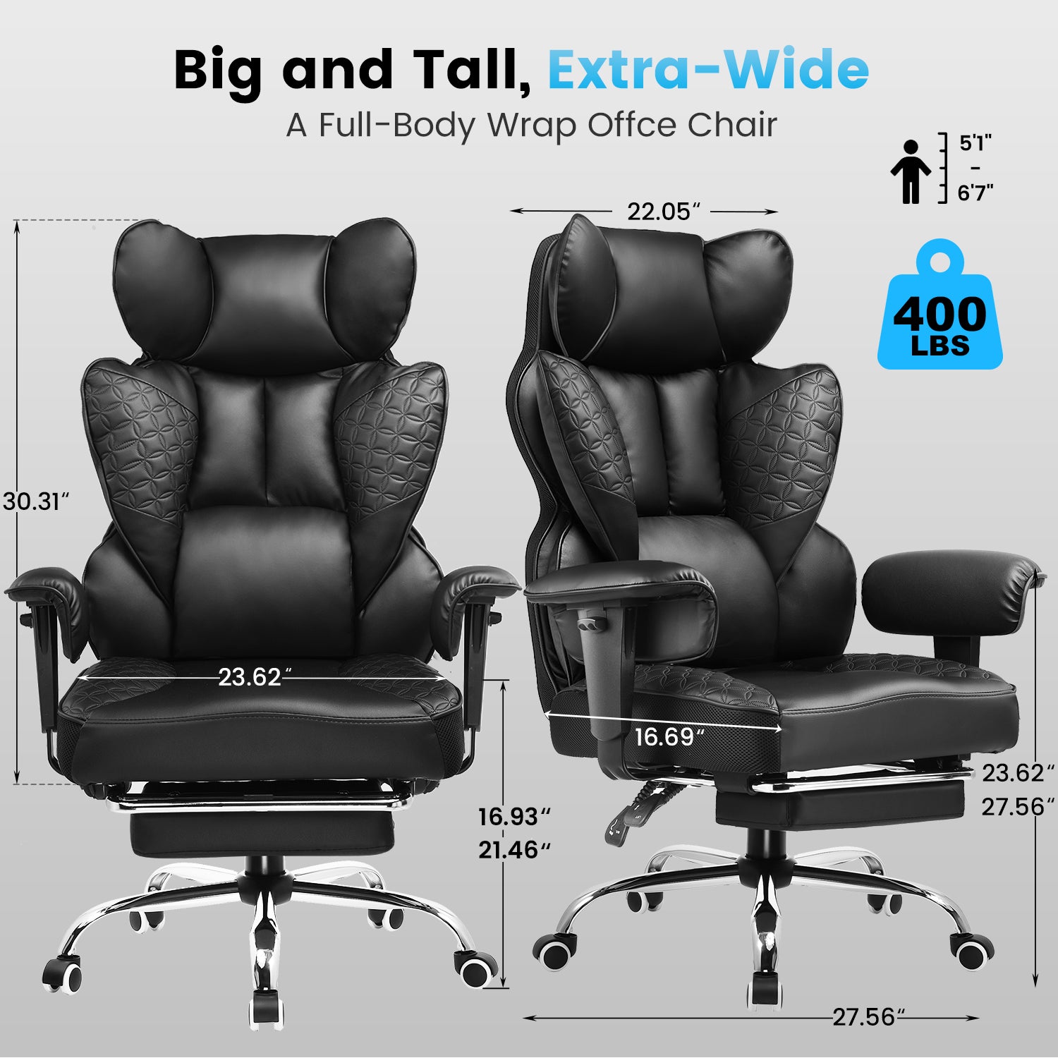 Upgraded Big and Tall Office Chair 400LBS with Pillow, Adjustable Armrest CH510