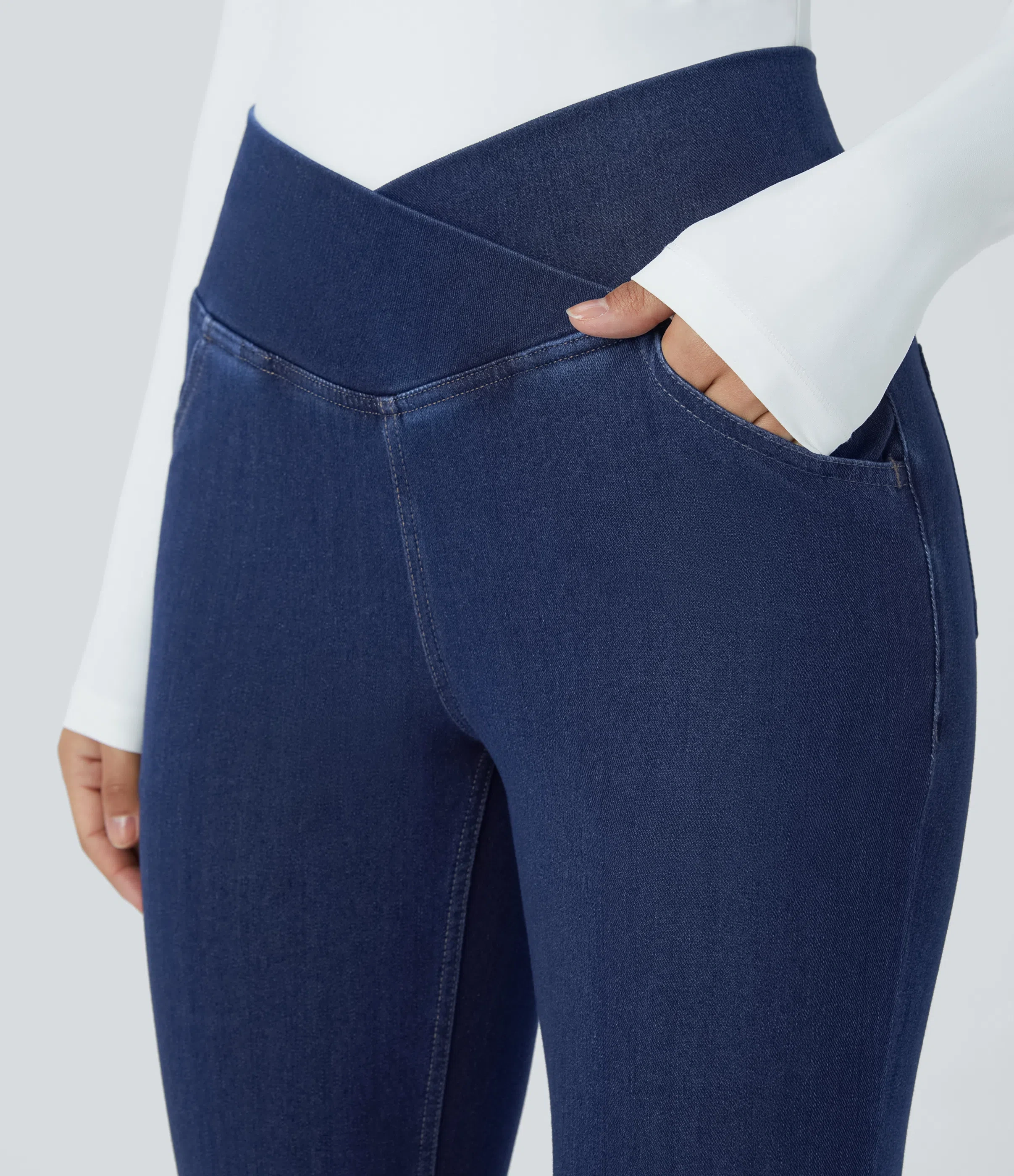 LBF-⚡High Waisted Crossover Pocket Washed Stretchy Knit Casual Super Flare Jeans⚡