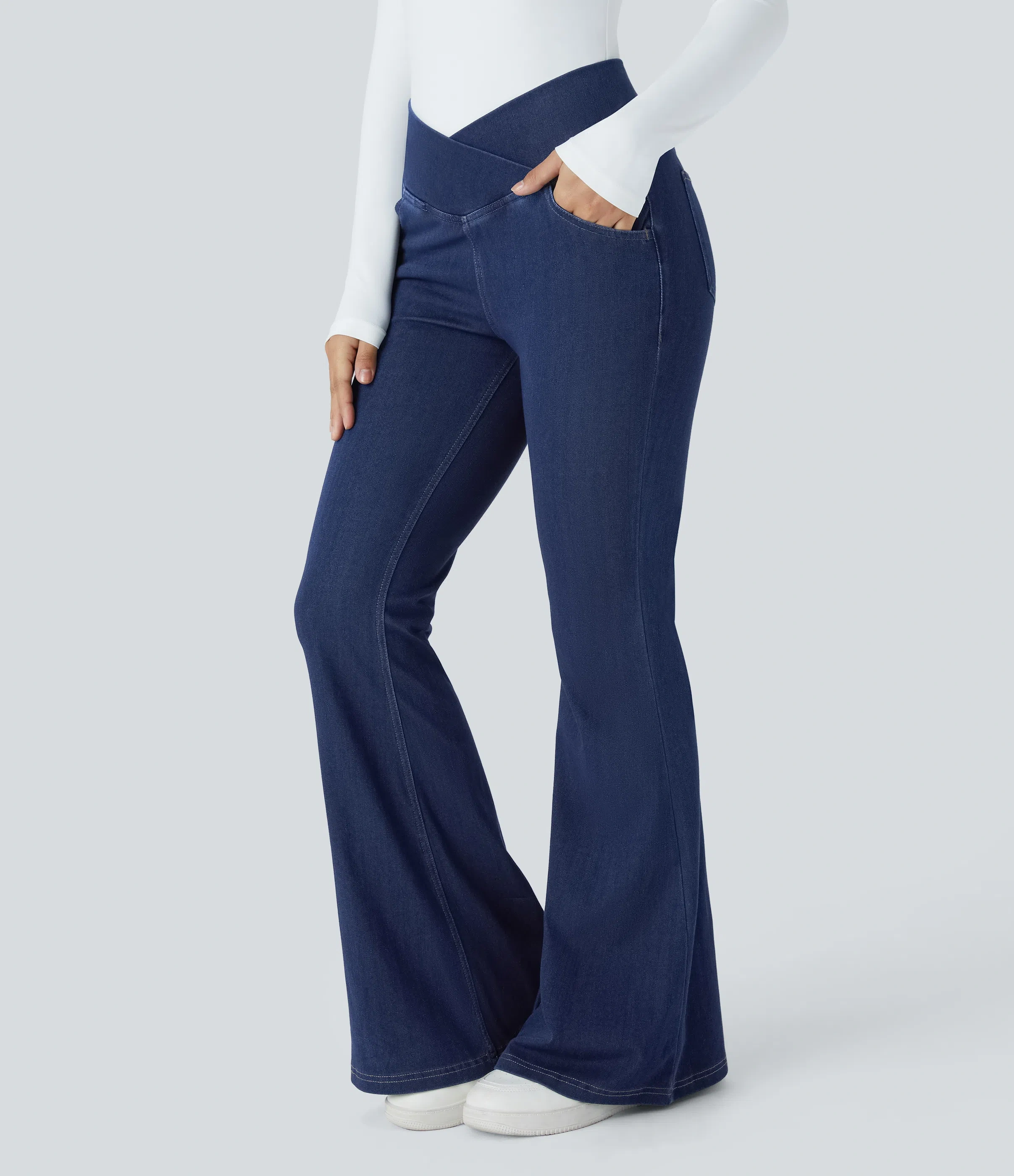 LBF-⚡High Waisted Crossover Pocket Washed Stretchy Knit Casual Super Flare Jeans⚡