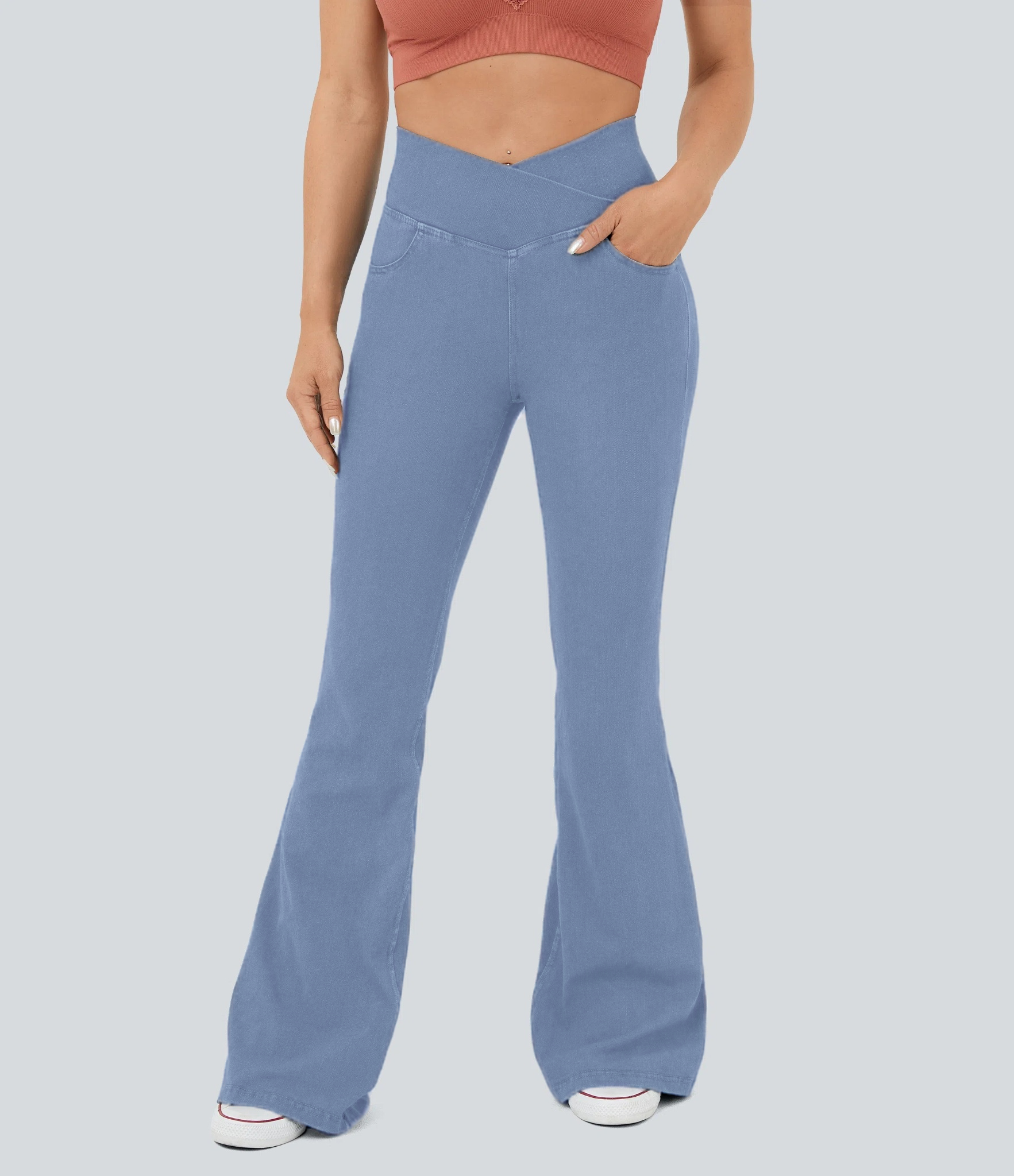 LBF-⚡High Waisted Crossover Pocket Washed Stretchy Knit Casual Super Flare Jeans⚡