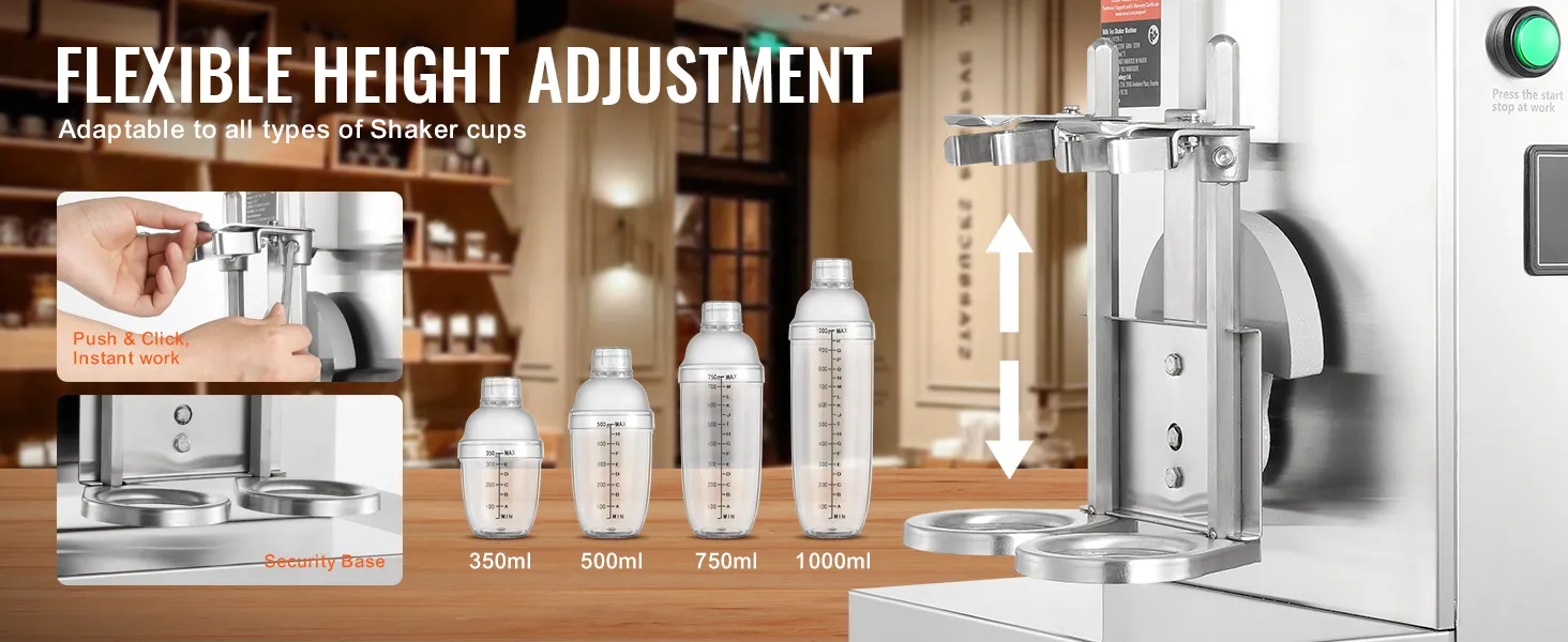 VEVOR milkshake maker with adjustable height for various shaker cup sizes, and push & click feature.