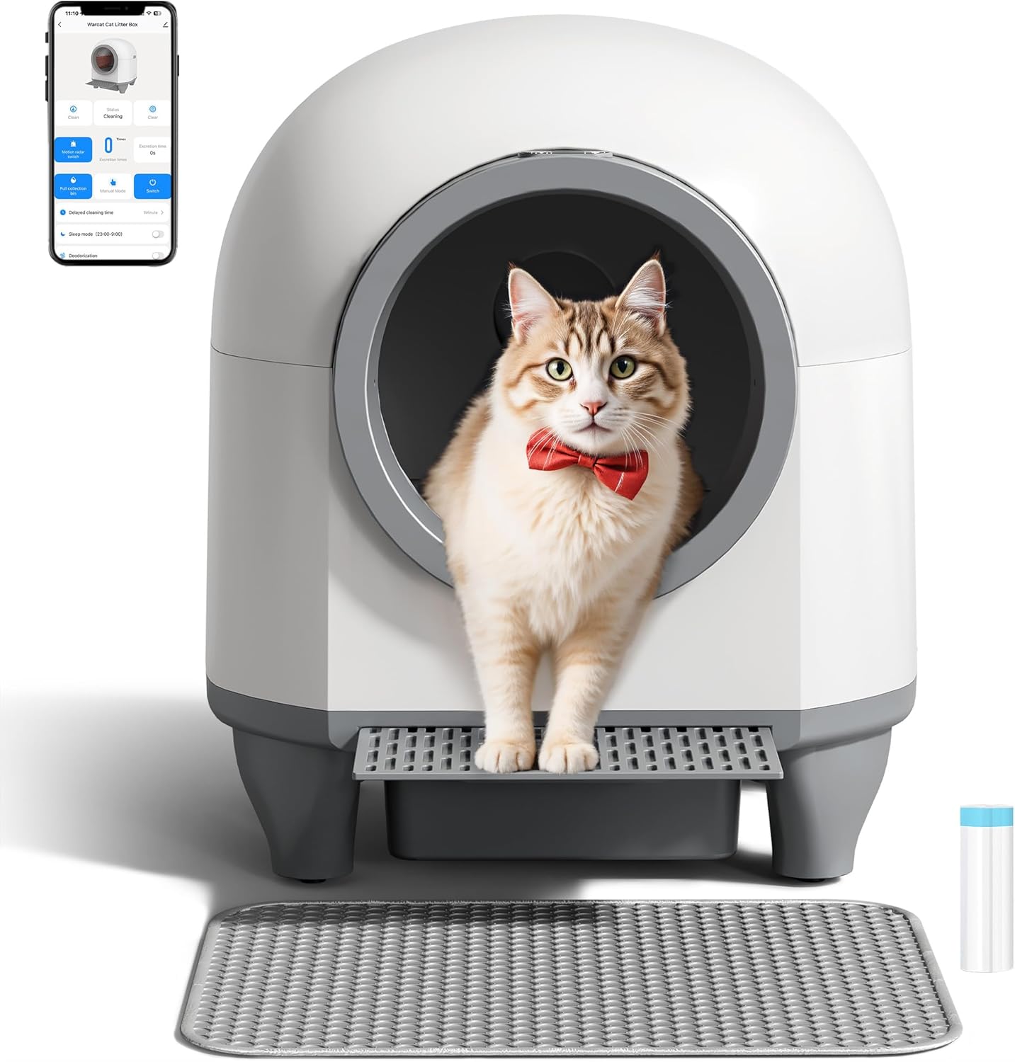 WARCAT Self Cleaning Litter Box Automatic, 90 L Automatic Cat Litter Box for Multiple Cats APP-Controlled with Smart Sensors, Safety Protection,Mat,1 Roll Garbage Bag (Gray)