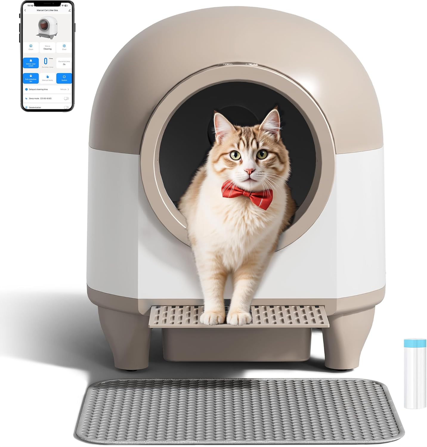 WARCAT Self Cleaning Litter Box Automatic, 90 L Automatic Cat Litter Box for Multiple Cats APP-Controlled with Smart Sensors, Safety Protection,Mat,1 Roll Garbage Bag (Gray)