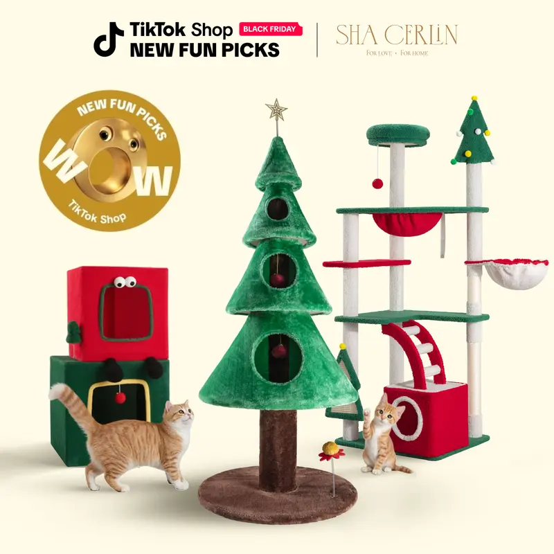 Spring Sale💥Christmas Tree Cat Tower with Ornament Balls & Cozy Condo