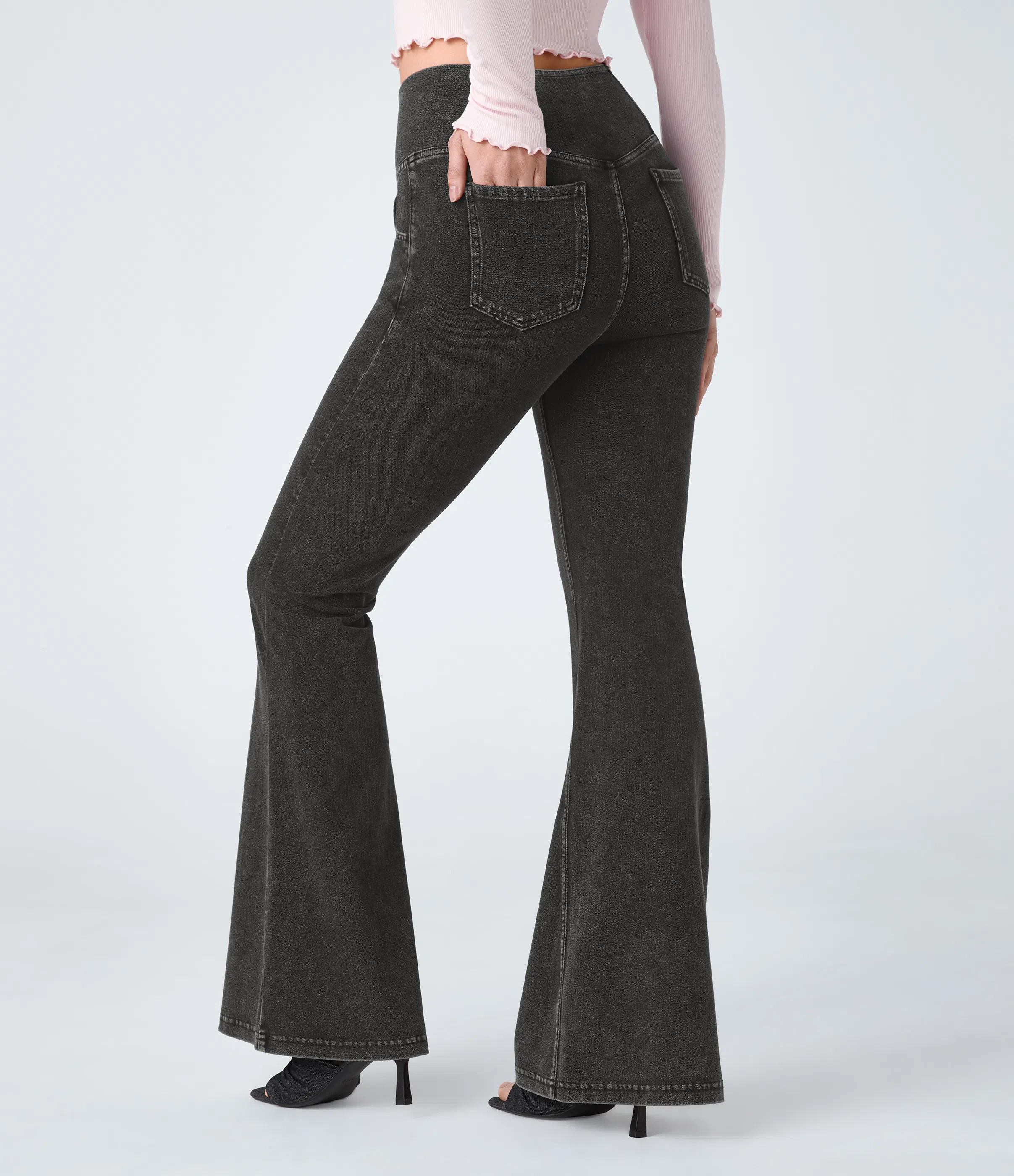 LBF-⚡High Waisted Crossover Pocket Washed Stretchy Knit Casual Super Flare Jeans⚡