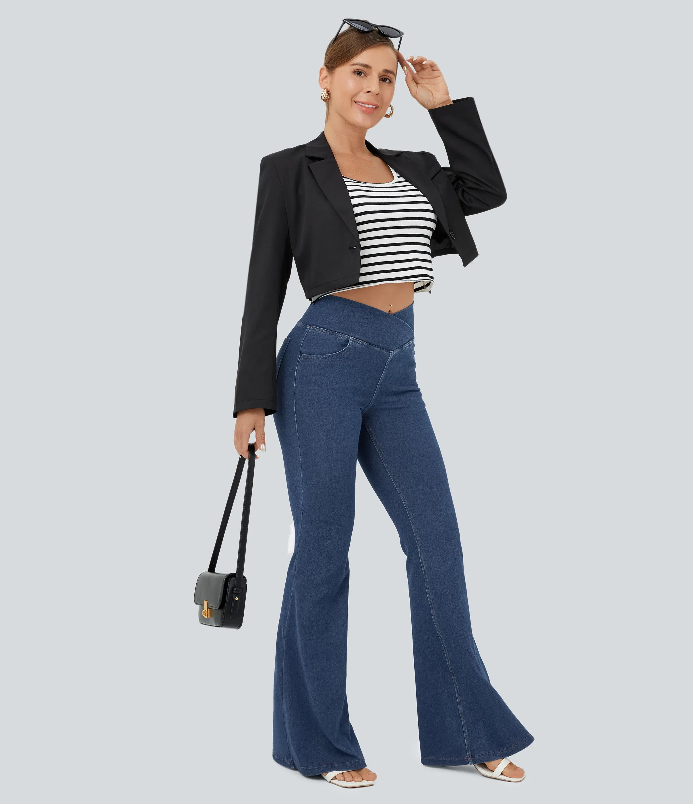 LBF-⚡High Waisted Crossover Pocket Washed Stretchy Knit Casual Super Flare Jeans⚡