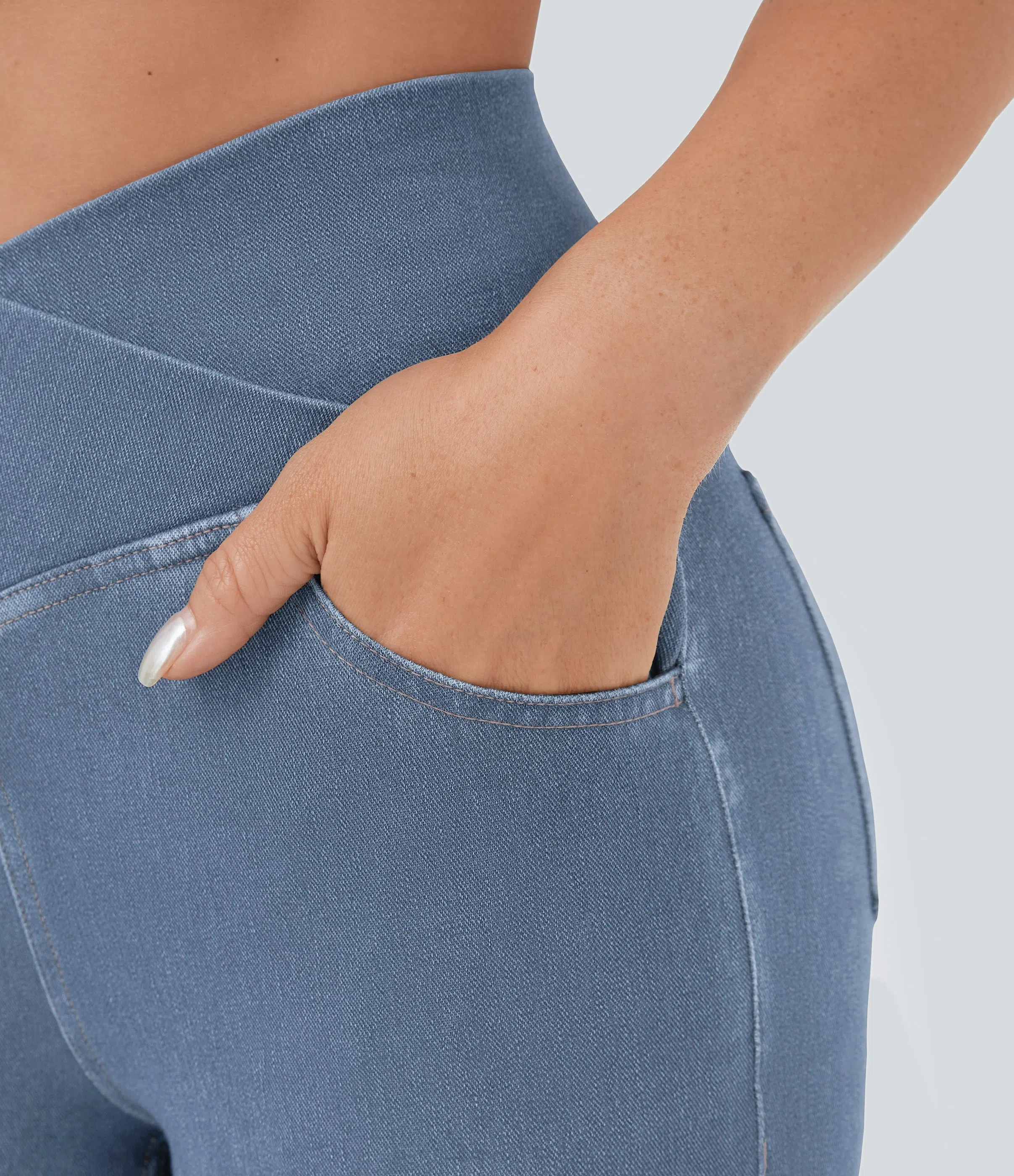 LBF-⚡High Waisted Crossover Pocket Washed Stretchy Knit Casual Super Flare Jeans⚡