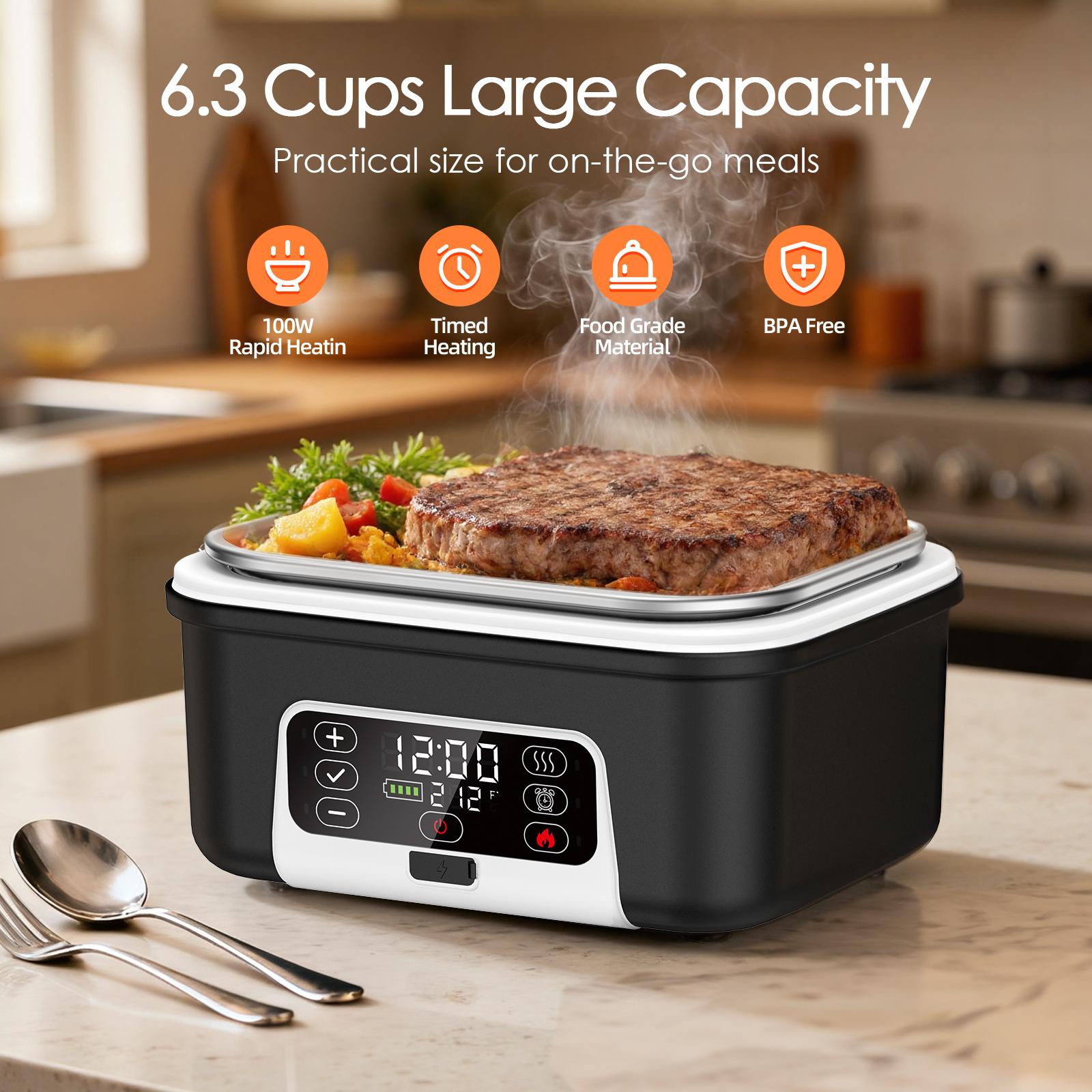 🔥Flash sale-Save Up To 80%🔥Cordless Electric Heated Lunch Box, 1.5L - 6.3Cups 20000mAh Rechargeable Battery Powered with Automatic Heating, Smart Timer