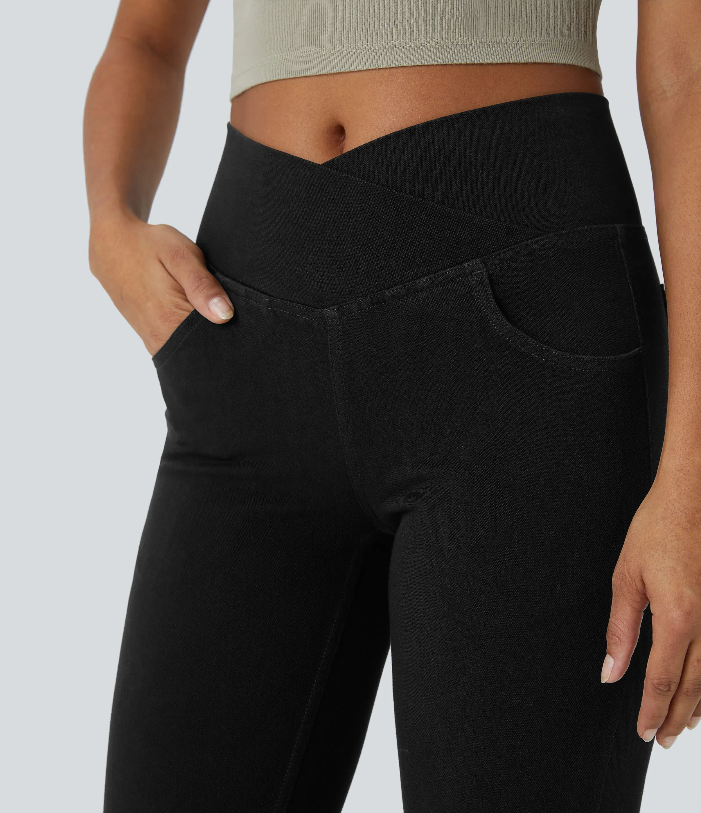 LBF-⚡High Waisted Crossover Pocket Washed Stretchy Knit Casual Super Flare Jeans⚡