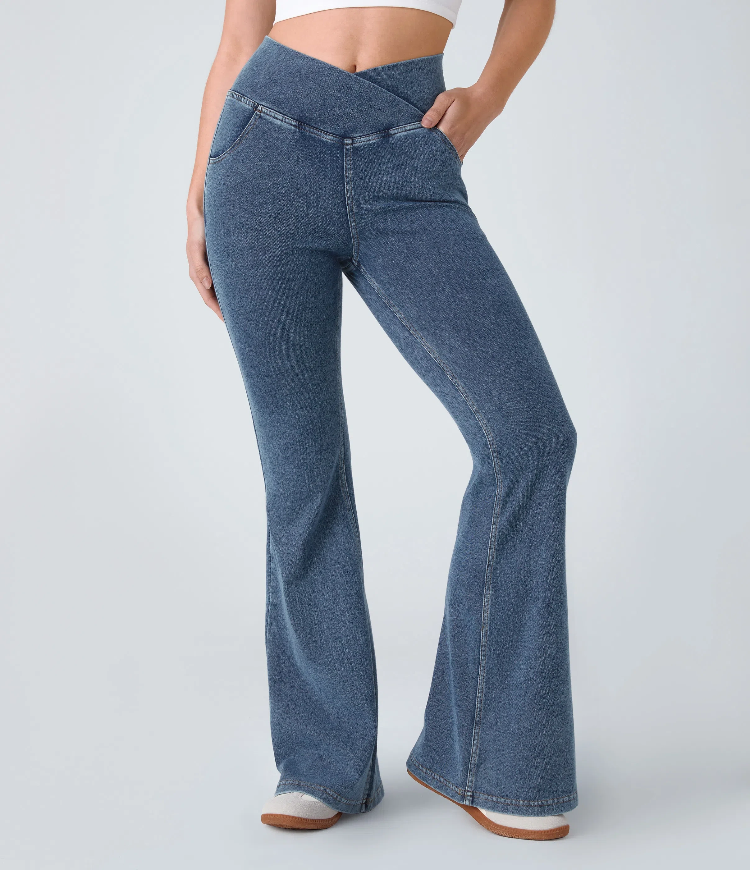 LBF-⚡High Waisted Crossover Pocket Washed Stretchy Knit Casual Super Flare Jeans⚡