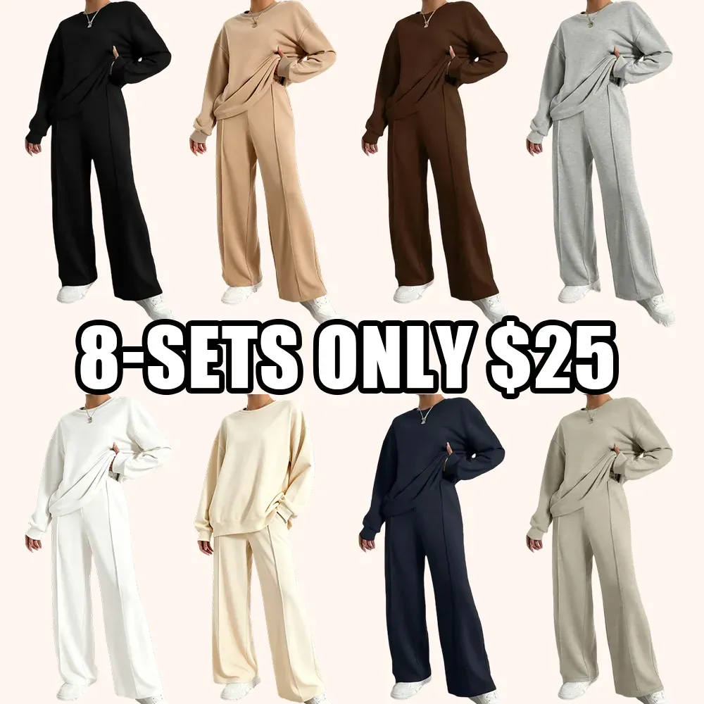 Women's Solid 2-Piece Set: Drop Shoulder Sweatshirt + Elastic Waist Pa