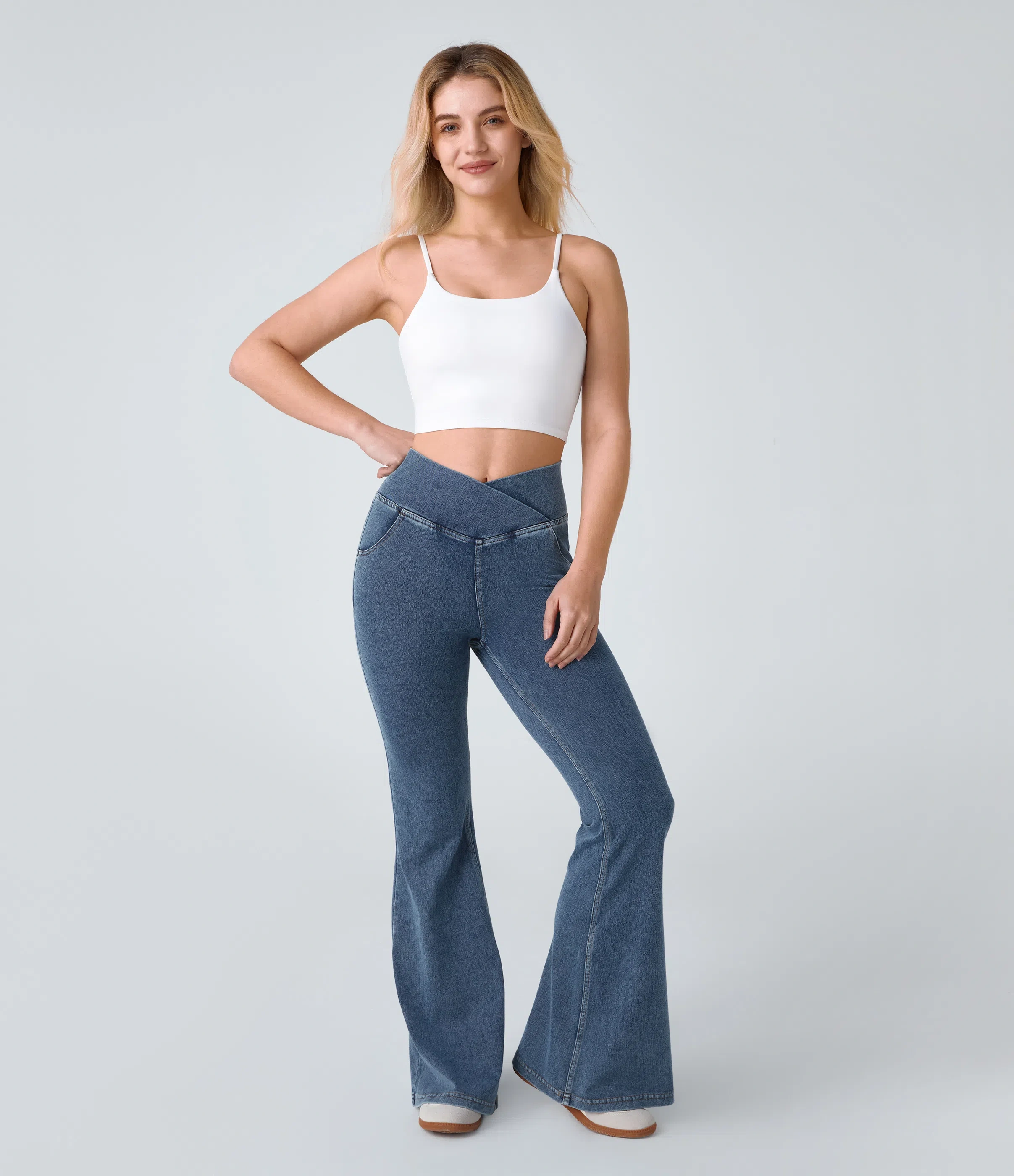 LBF-⚡High Waisted Crossover Pocket Washed Stretchy Knit Casual Super Flare Jeans⚡