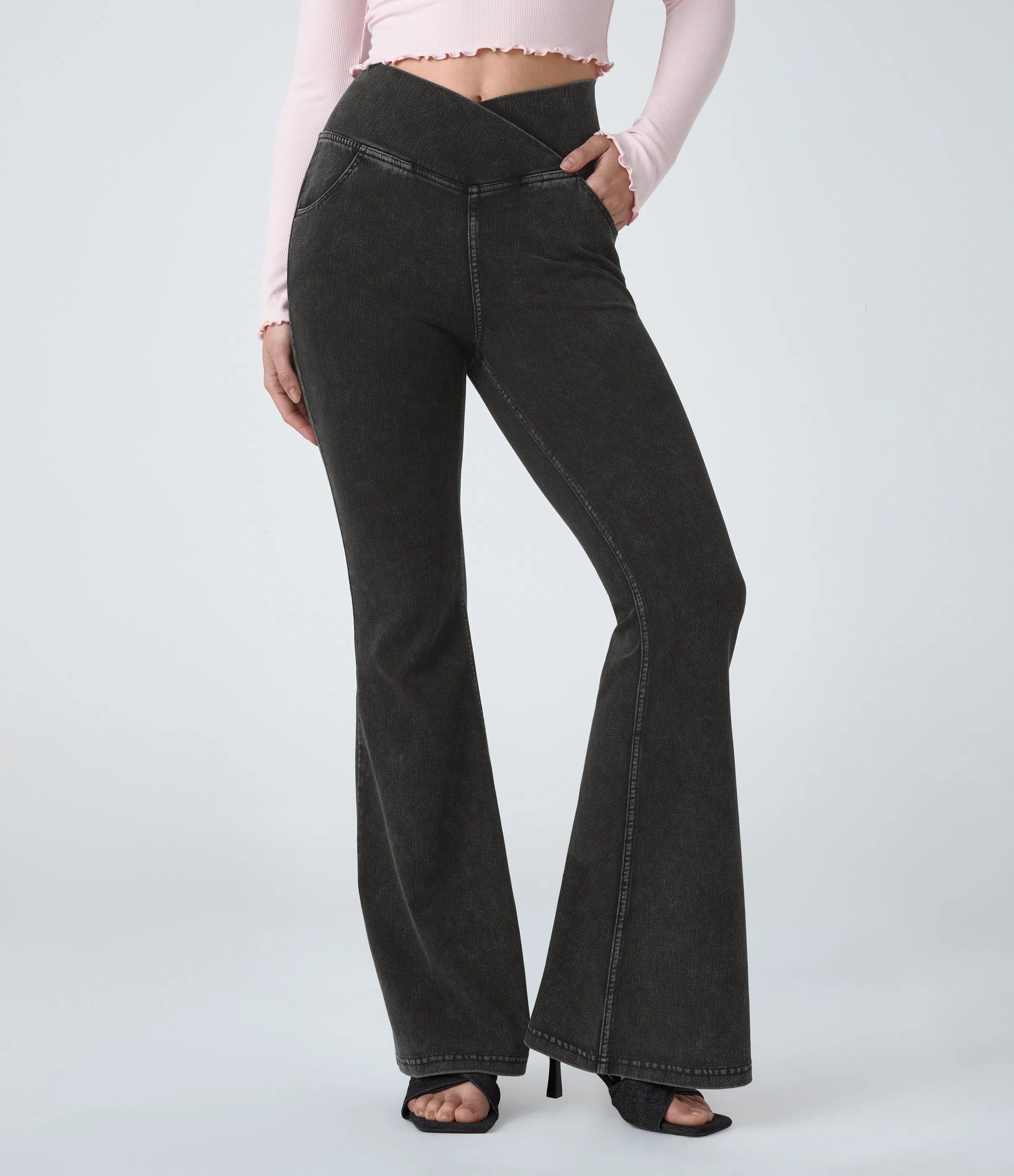 LBF-⚡High Waisted Crossover Pocket Washed Stretchy Knit Casual Super Flare Jeans⚡