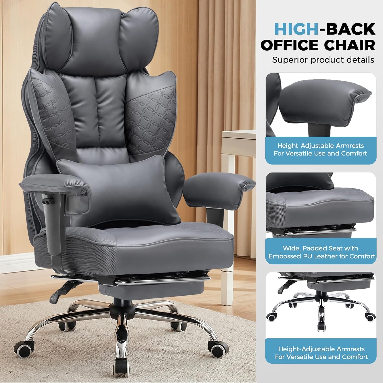 Upgraded Big and Tall Office Chair 400LBS with Pillow, Adjustable Armrest CH510