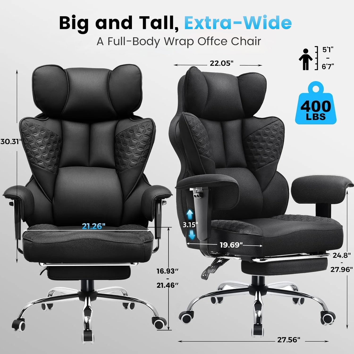 Upgraded Big and Tall Office Chair 400LBS with Pillow, Adjustable Armrest CH510