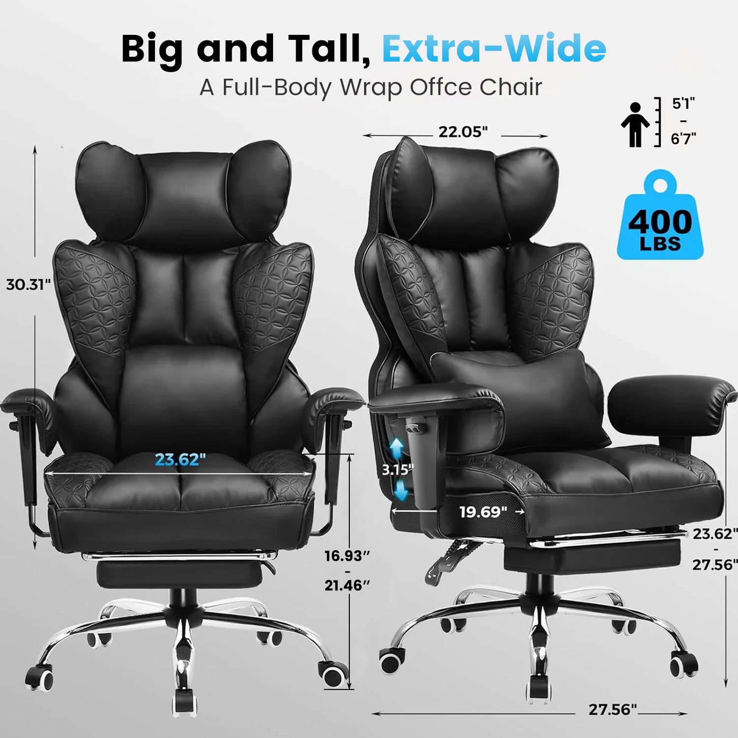 Upgraded Big and Tall Office Chair 400LBS with Pillow, Adjustable Armrest CH510