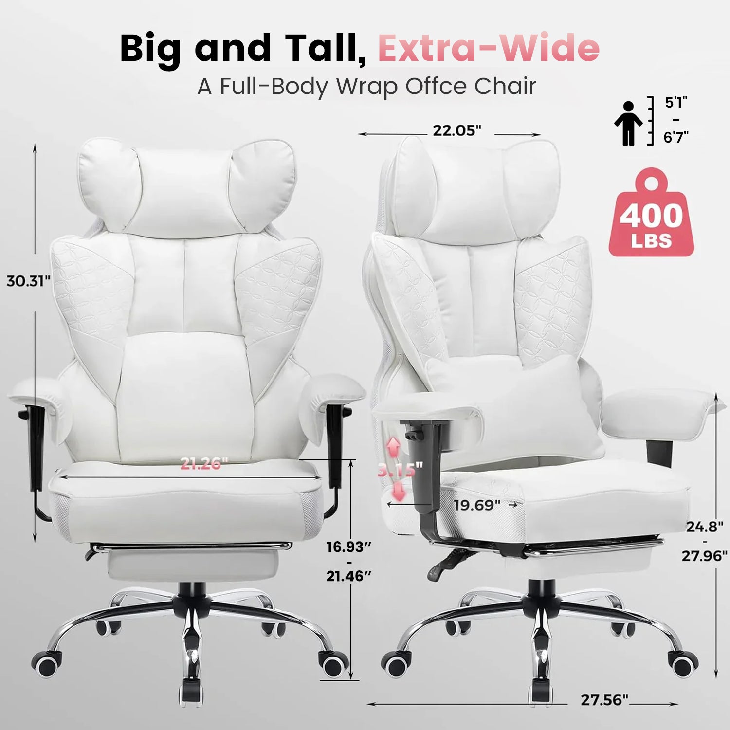 Upgraded Big and Tall Office Chair 400LBS with Pillow, Adjustable Armrest CH510