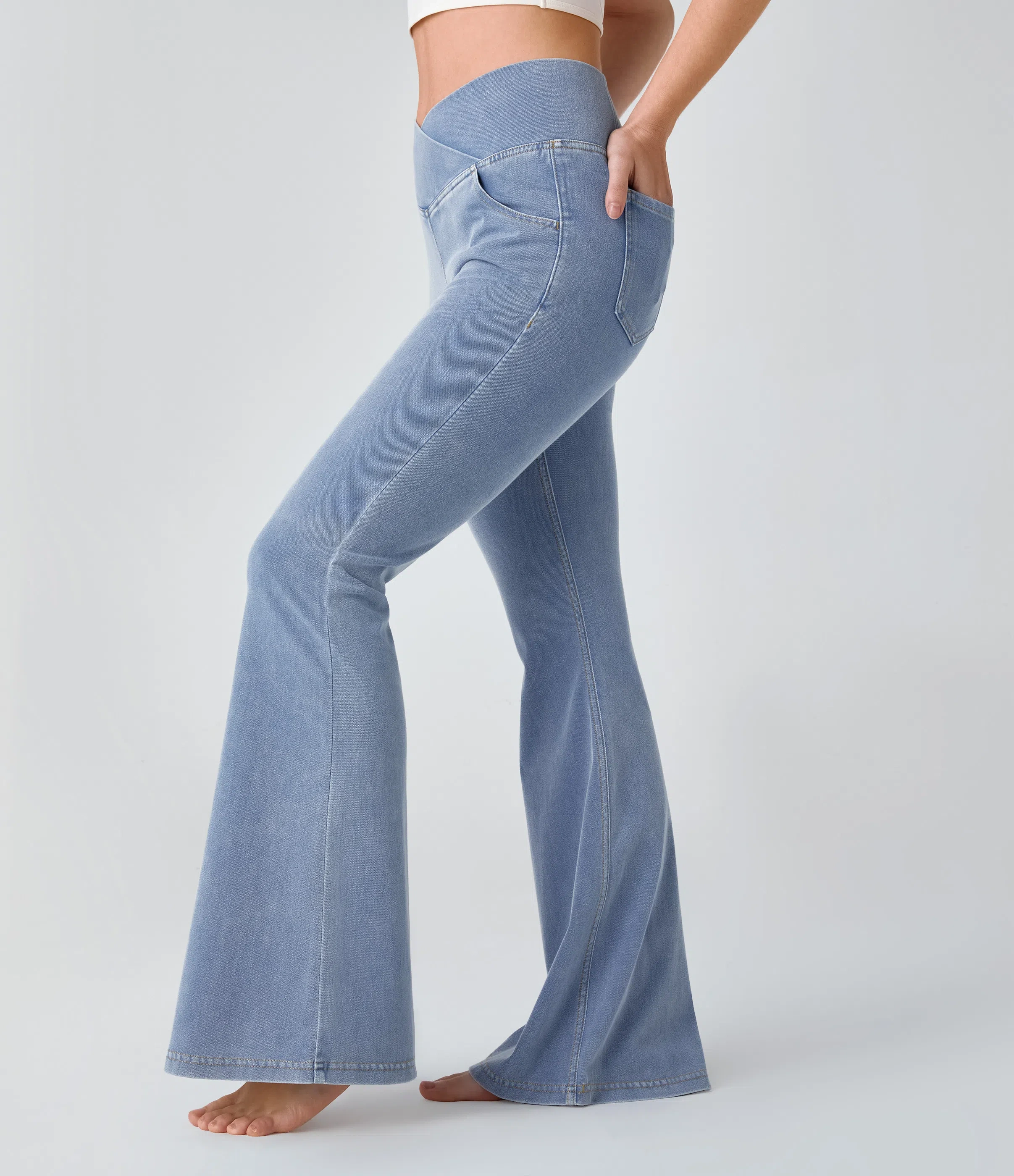 LBF-⚡High Waisted Crossover Pocket Washed Stretchy Knit Casual Super Flare Jeans⚡