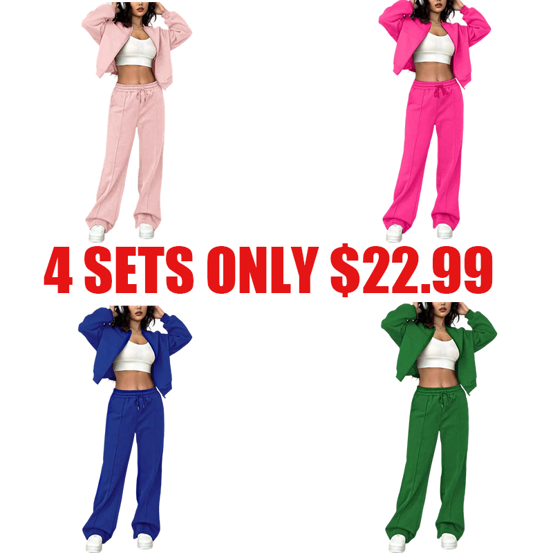 🔥 Limited-Time Deal – Save Up To 80% !Two-piece Set Women's Solid Zip Up Drop Shoulder Jacket & Pocket Elastic Waist Pants, Casual Fashion Cozy Breathable Two Piece Outfits for Daily Outdoor Wear, Ladies Clothes for All Seasons