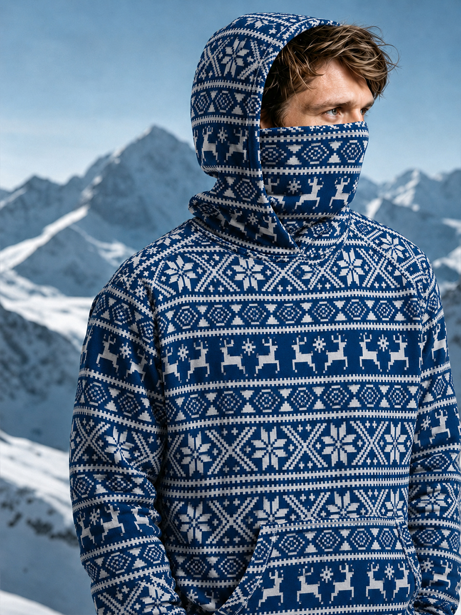 Men's Fair Isle Reindeer Snowflake Striped Print Thermal Base Layer Hoodie with Built-in Gaiter