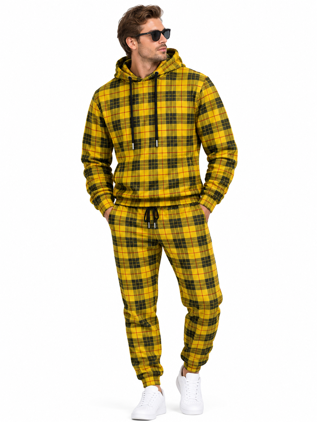 [Pre‑sale]Men's Yellow Black Tartan Plaid Dralon Pullover Hoodie Jogger Outfit Set