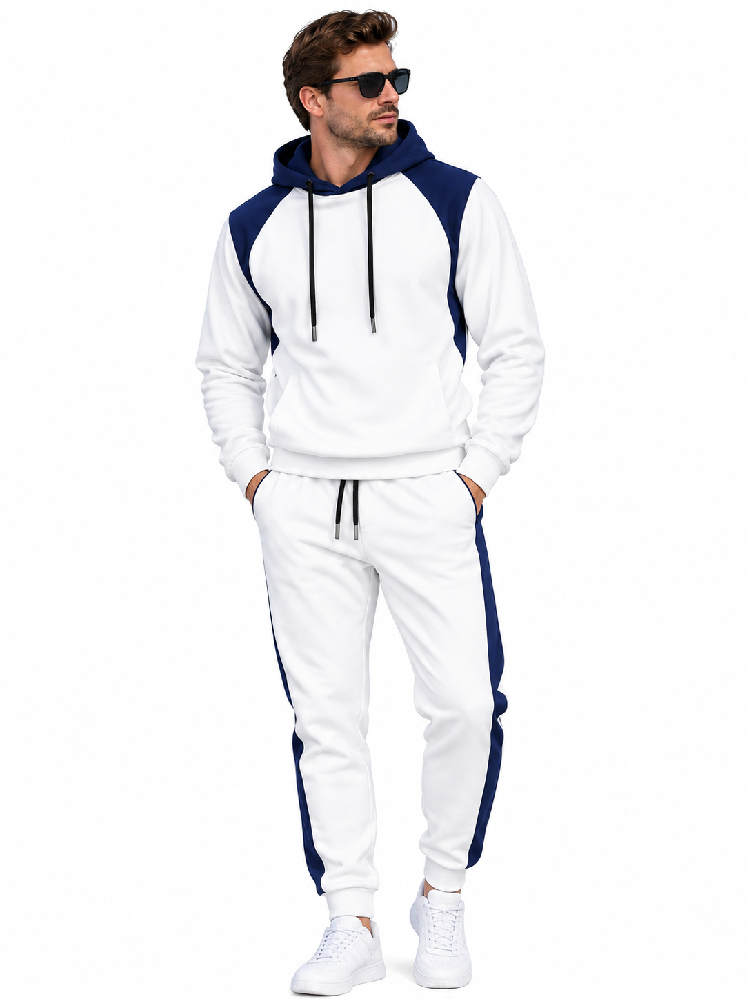 [Pre‑sale]Men's Contrast Sleeve Dralon Pullover Hoodie Side‑Stripe Jogger Outfit Set