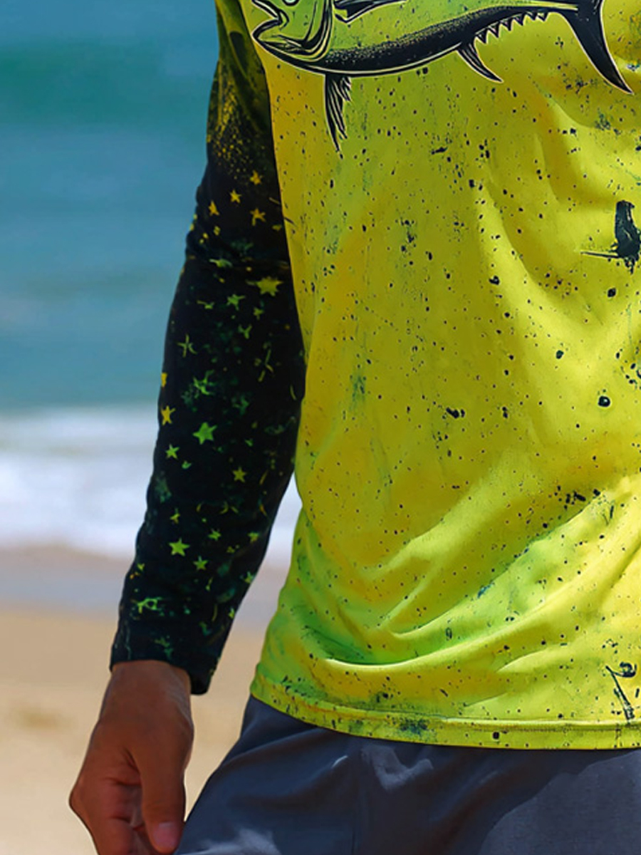 Men's Raglan Sleeve Finger Gloves Face Mask Stars Sardine Print Sun Protection Hoodie-SunSeaUp