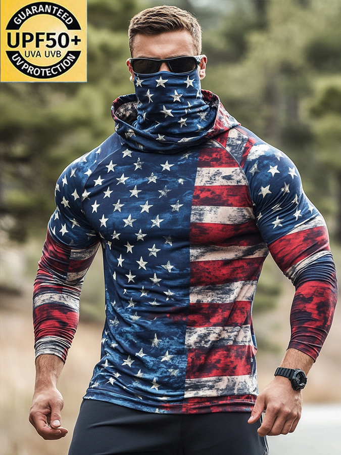 Men'S Raglan Sleeve Finger Gloves Face Mask Stars Stripes Flag Print Sun Protection Hoodie-SunSeaUp