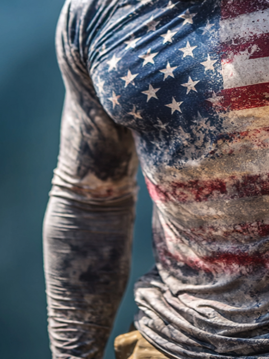 Men's Raglan Sleeve Finger Gloves USA Flag Print Sun Protection Hoodie