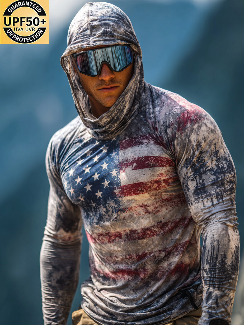 Men's Raglan Sleeve Finger Gloves USA Flag Print Sun Protection Hoodie