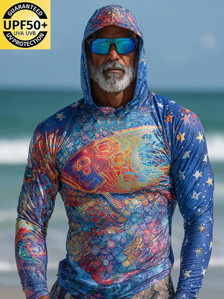 Men's Raglan Sleeve Finger Gloves Dreamlike Fish Scale Print Sun Protection Hoodie-SunSeaUp