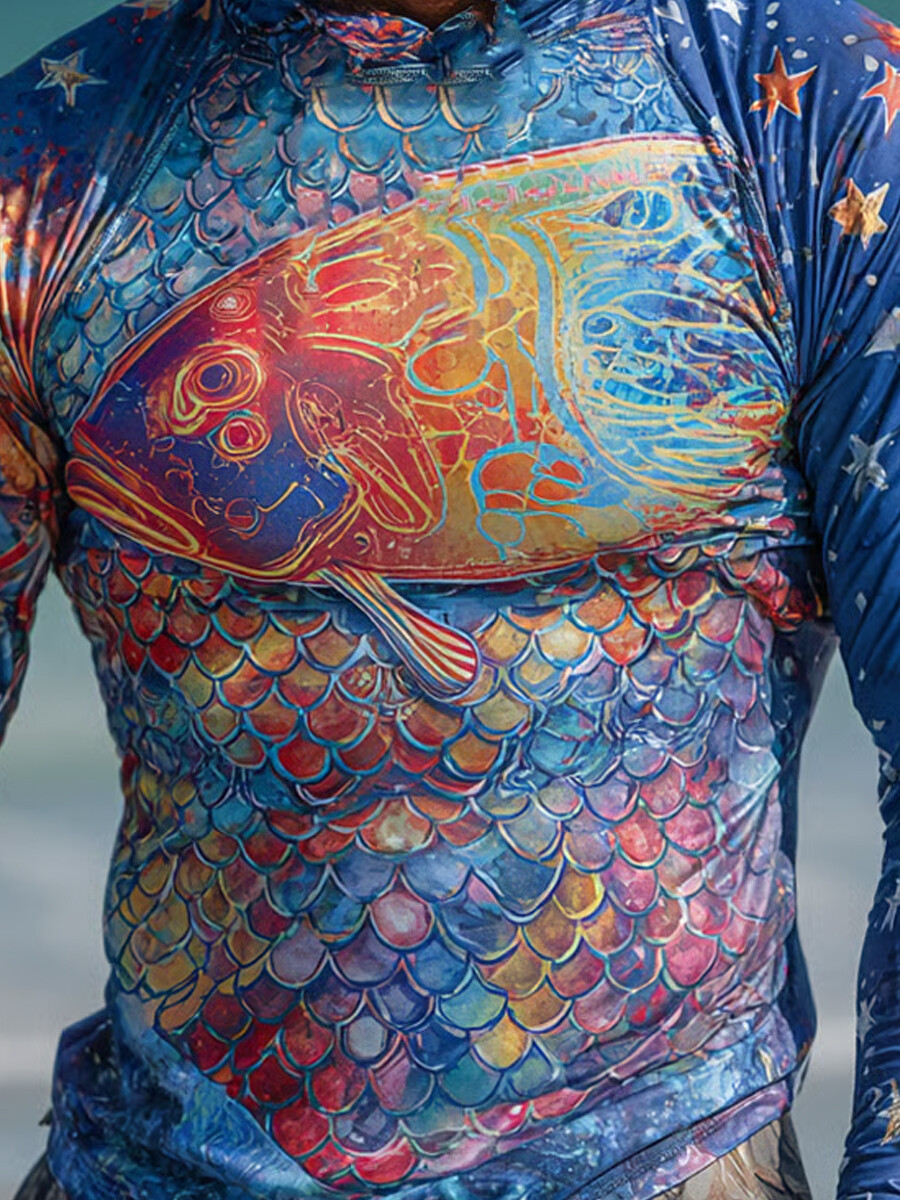 Men's Raglan Sleeve Finger Gloves Dreamlike Fish Scale Print Sun Protection Hoodie-SunSeaUp