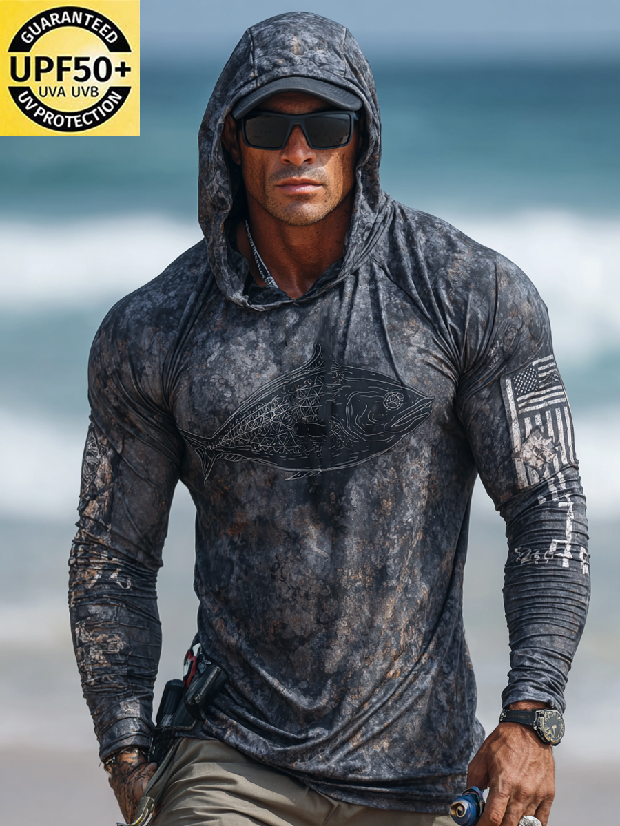 Men's Raglan Sleeve Finger Gloves Tuna Print Sun Protection Hoodie-SunSeaUp