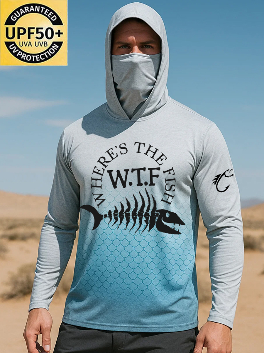 Men's Raglan Sleeve Finger Gloves Face Mask Fishbone Ombre Print Sun Protection Hoodie-SunSeaUp