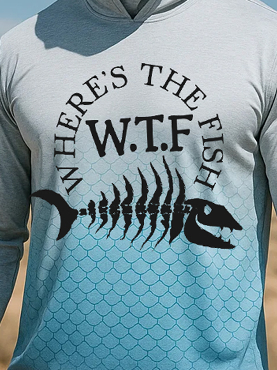 Men's Raglan Sleeve Finger Gloves Face Mask Fishbone Ombre Print Sun Protection Hoodie-SunSeaUp
