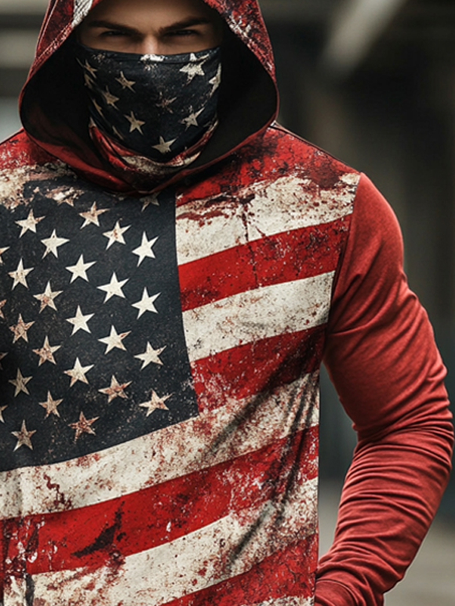 Men's Raglan Sleeve Finger Gloves Face Mask Distressed Flag Print Sun Protection Hoodie-SunSeaUp