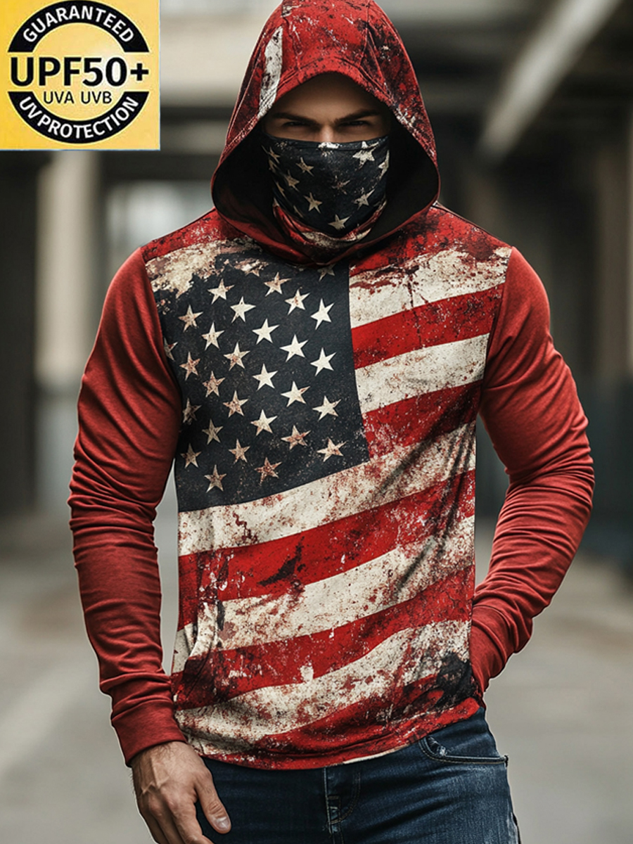 Men's Raglan Sleeve Finger Gloves Face Mask Distressed Flag Print Sun Protection Hoodie-SunSeaUp